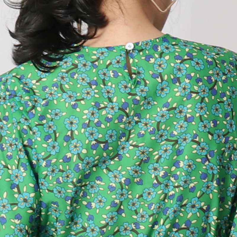 

Painted Woman 2021 Floral Autumn Green Impression Sleeve Puff Vintage Boho Elegant The-neck Dress Feminine Stripes Zn88