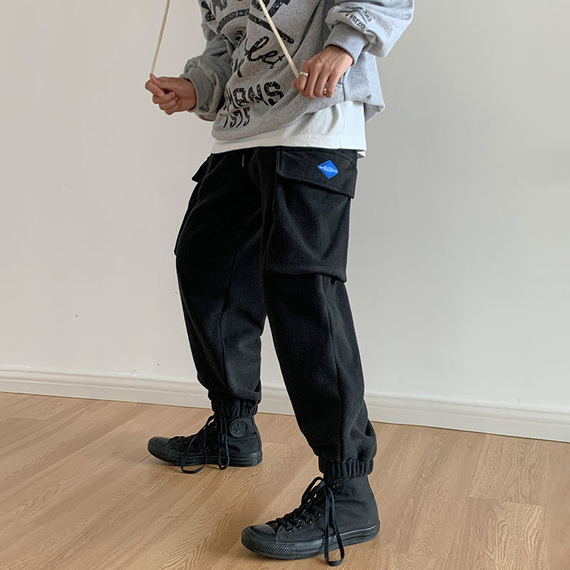 

2021 Men's Thickened Warm Autumn Winter New Man Casual Oversize Solid Color Trousers Korean Streetwear Cargo Pants S43p, Blue