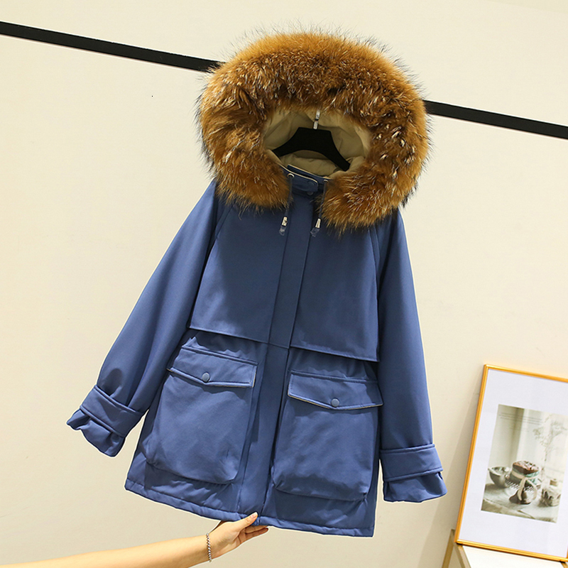 

2021 New Woman 90% White Thick Female Coat Warm Snow Outerwear Winter Big Natural Skin with Hood Down C74I, Black