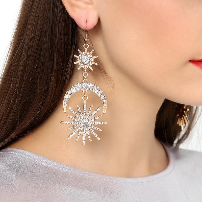 

Big Luxury Sun Moon Stars Drop Earrings Rhinestone Punk Earrings For Women Jewelry Golden Boho Vintage Statement