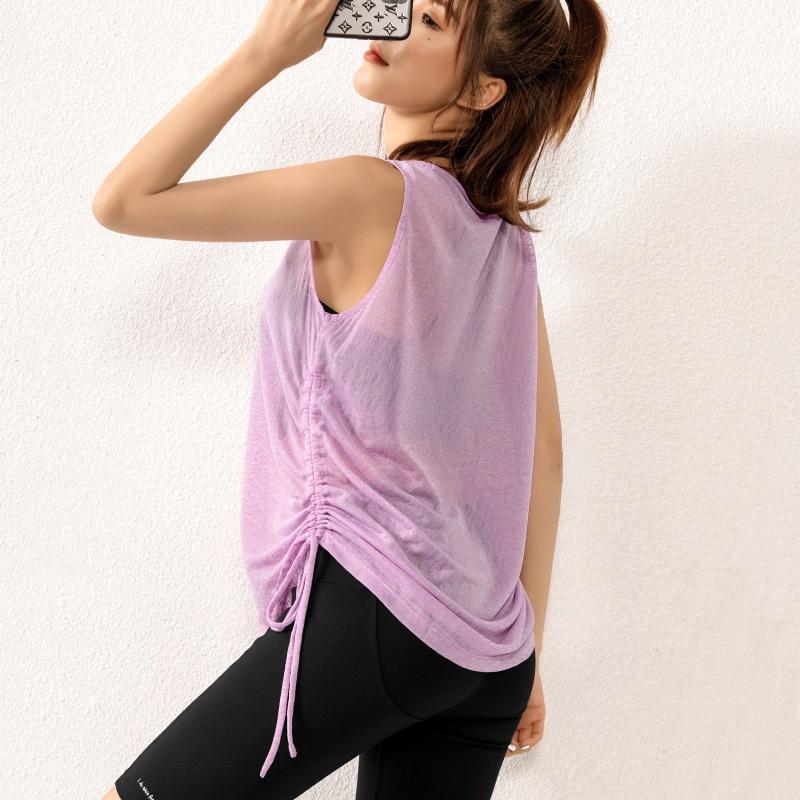

Draw rope ruffled sports top women loose casual breathable summer quick-dry ingest fitness yoga vest short-sleeved T-shirt1, Black