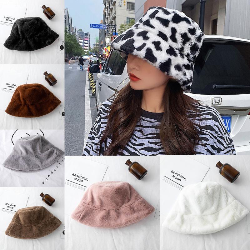

Women Winter Solid Color Cow Print Bucket Hat Fuzzy Plush Outdoor Warm Wide Brim Vacation Harajuku Panama Fisherman Cap, Milk cow