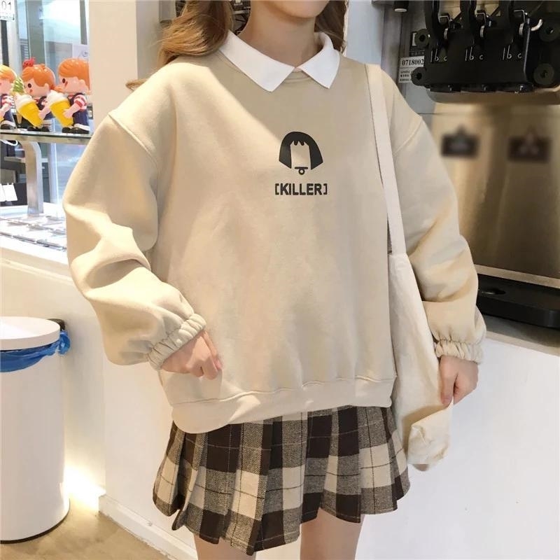 

Thicken Print Fake Two Piece Women Sweatshirt Long Sleeve Female Pullover Autumn Harajuku Streetwear Casual Loose Lady Clothes 201202, Ginger