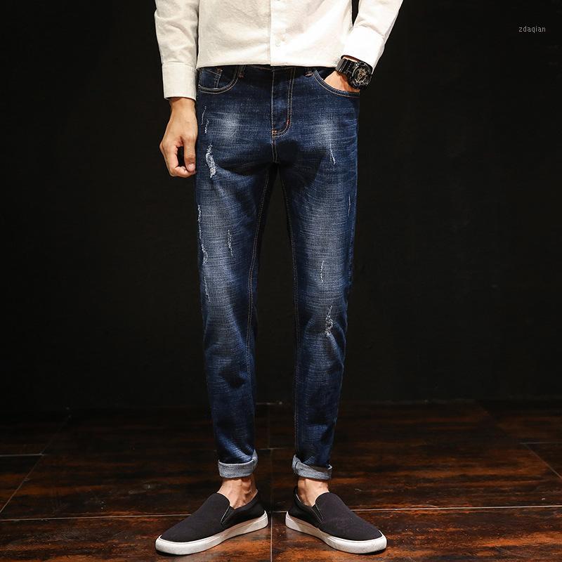 

Men Cotton Straight Slim Long Jeans Male Casual Leisure Fashion Button Jeans Teenager High Stretch Pencil Pants 513171, Blue