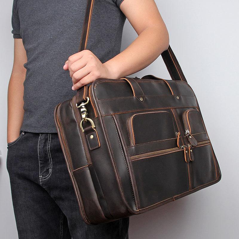 

2021 Leather Business Briefcase Top Layer Cowhide Men 17 inch Laptop Bag Crazy Horse Leather Male Bag, Brown