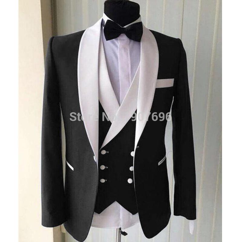

Black Wedding Men Suits for Groom Tuxedos White Shawl Lapel Three Piece Jacket Waistcoat Pants Double Breasted Vest Custom, Same as image