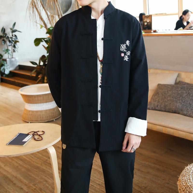 

Autumn Chinese style jacket + pants costumes lay clothing youth men national Tang suit men's sets Hanfu mens tunic embroidery1, Black 2s