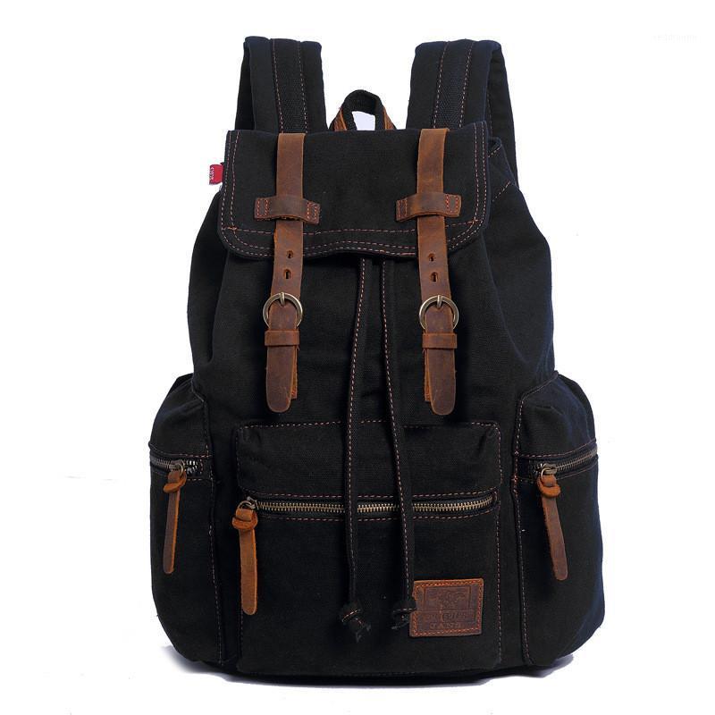 

New Men large capacity Retro Backpacks Fashion laptop bag Male Outdoor Multi-pocket canvas Travel backpack student schoolbags1, Black