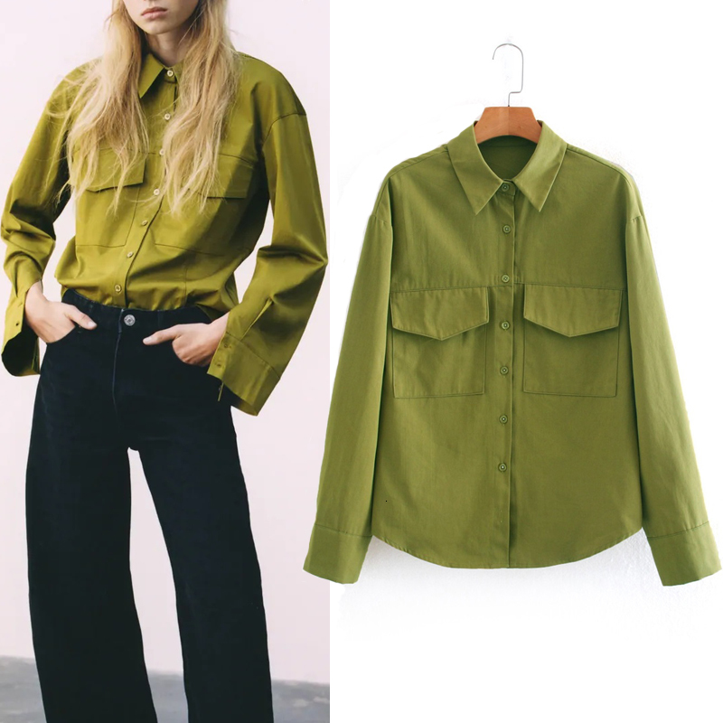 

2021 New Green Pockets Button Up Shirt Women Autumn Pleated Collared Long Sleeve Blouse Woman Harajuku Loose Casual Top Fzvo