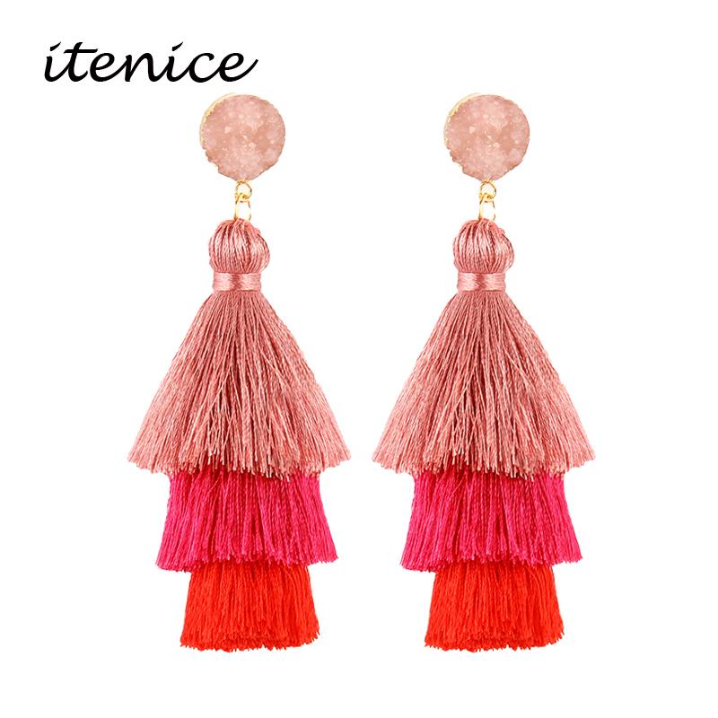 

Bohemian 3 Layered Fringed Statement Tassel Earrings Good Quality Brand Hot Sale Women Natural Stone Drop Dangle Earings Jewelry