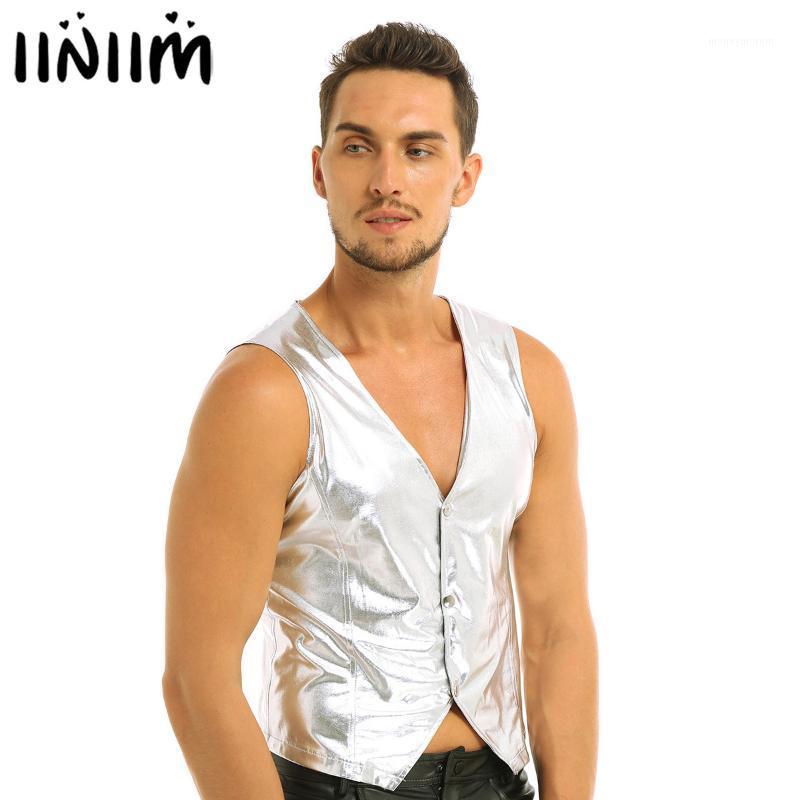 

iiniim Mens Wetlook Sexy Club wear Moto Performance Vest Tops Patent Leather Soft Costume Vest Top Evening Party Clubwear1, Gold