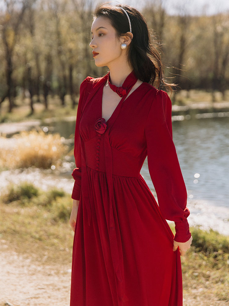 

2021 Spring Summer Elegant Female Chiffon Mid-calf with V-mango Cleavage Full Party Fit and Enlargement Red Vintage Dress Cpob, Blue