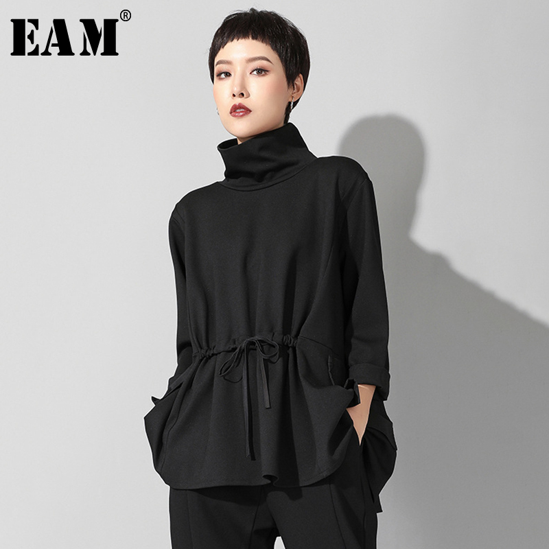 

[EAM] New Spring Autumn High Collar Long Sleeve Black Loose Pocket Drawstring Big Size T-shirt Women Fashion Tide JQ017 201125