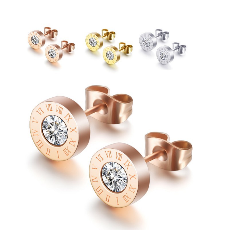 

Fashion Simple Statement Earrings Stainless Steel Stud Earrings For Women Vintage Roman Numeral Crystal Small Earring diameter 8mm