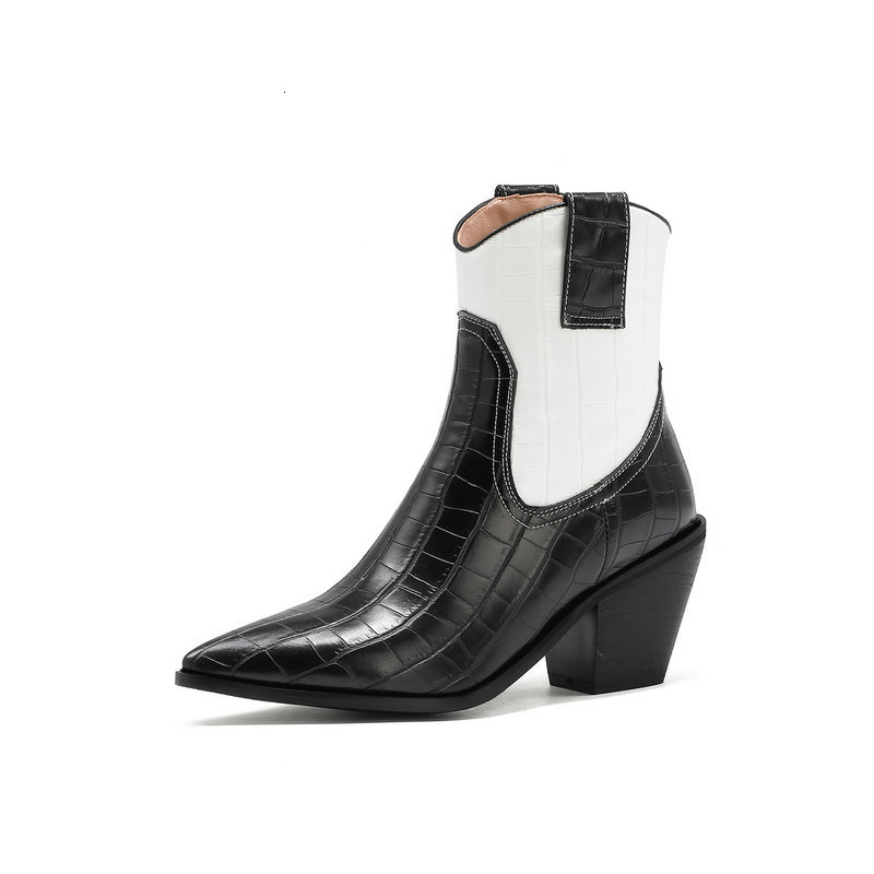 

2021 New Pointed Toe Slip on Shoes Autumn Winter Square High Heel Ankle Pu Leather Fashion Women Boots Size 34-43 Dy9b, White