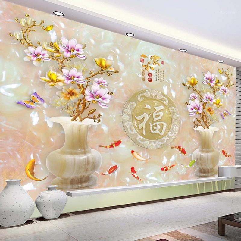 

Custom 3D Murals Wallpaper Chinese Style Jade Carving Vase Magnolia Flower Fish Living Room Sofa TV Background Photo Wall Paper1, As pic
