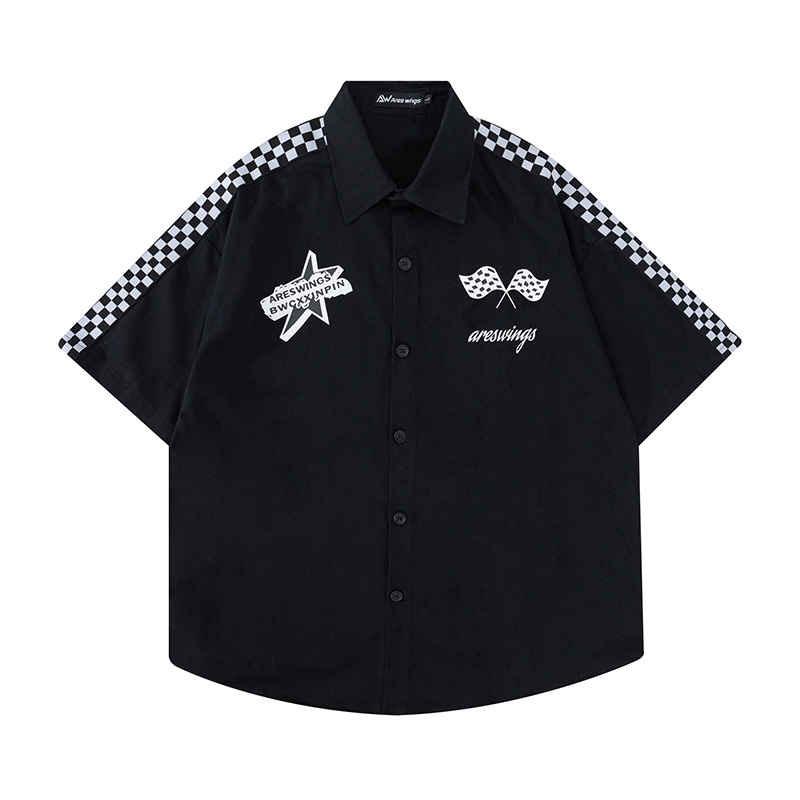 

Summer Letter Short Sleeve Mens Shirts Lapel Breasted Streetwear Oversized Couple Shirt, Black