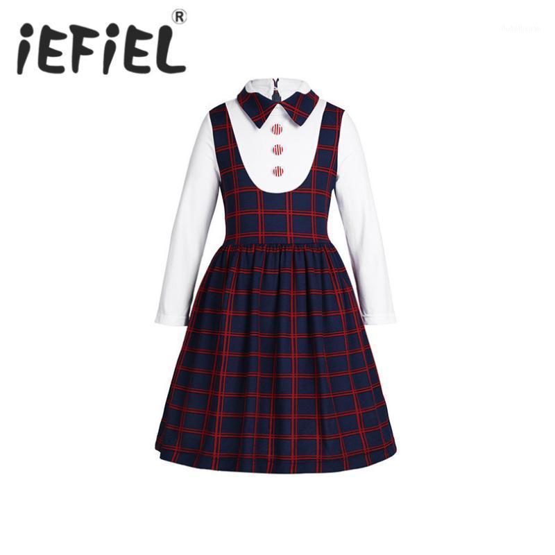

iEFiEL New Arrival Kids Girls Children Uniform Long Sleeves Plaid A-line False Two-piece Dress for Birthday Party School Casual1, As pic