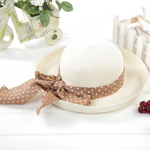 

Wholesale- Korea Women Big Bowknot Straw Hat Travel Panama Cap Fedora Summer UV Hats1, Brown