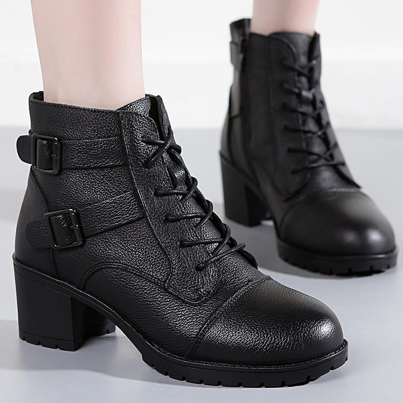 

OUKAHUI Winter Genuine Leather Mid Heel Boots For Women Shoes Spring Lace-Up Thick Heel Short Bootie Zipper Buckle Boots1, Black fabric inside