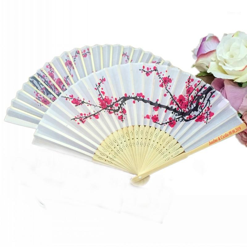 

50pcs Chinese hand fans wedding favors personalized folding silk fan with Plum flower design in organza gift bags1