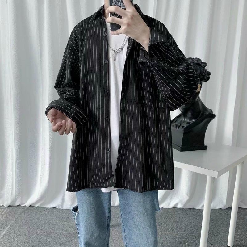 

Men Shirts Long Sleeve Striped Pocket Simple Turn-down Collar Single Breasted Loose 2XL Casual Stylish Breathable Male Tops Chic, Black