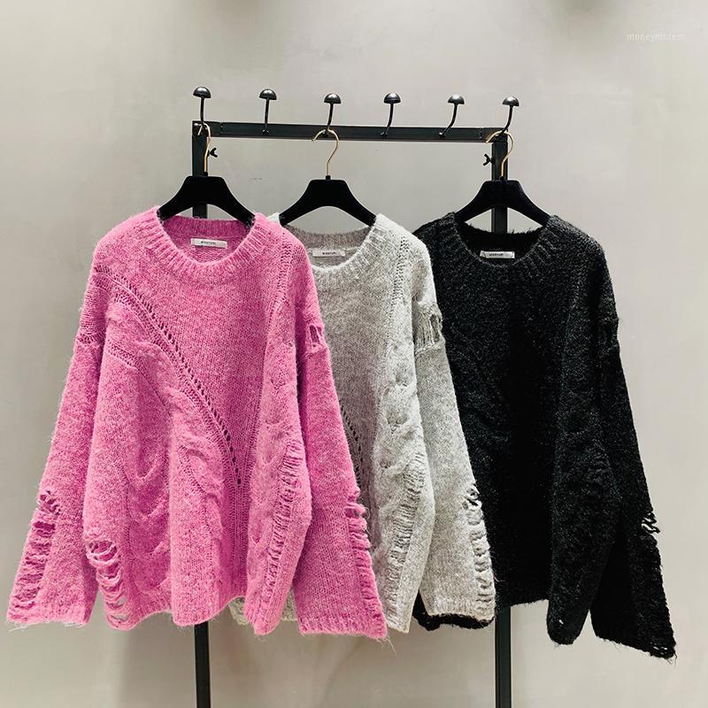 

2020 New Autumn Winter Korean Fashion Round Neck Sweater Loose Jumper Women Middle Long Twist Broken Hole Knitted Jumper Female1, Black