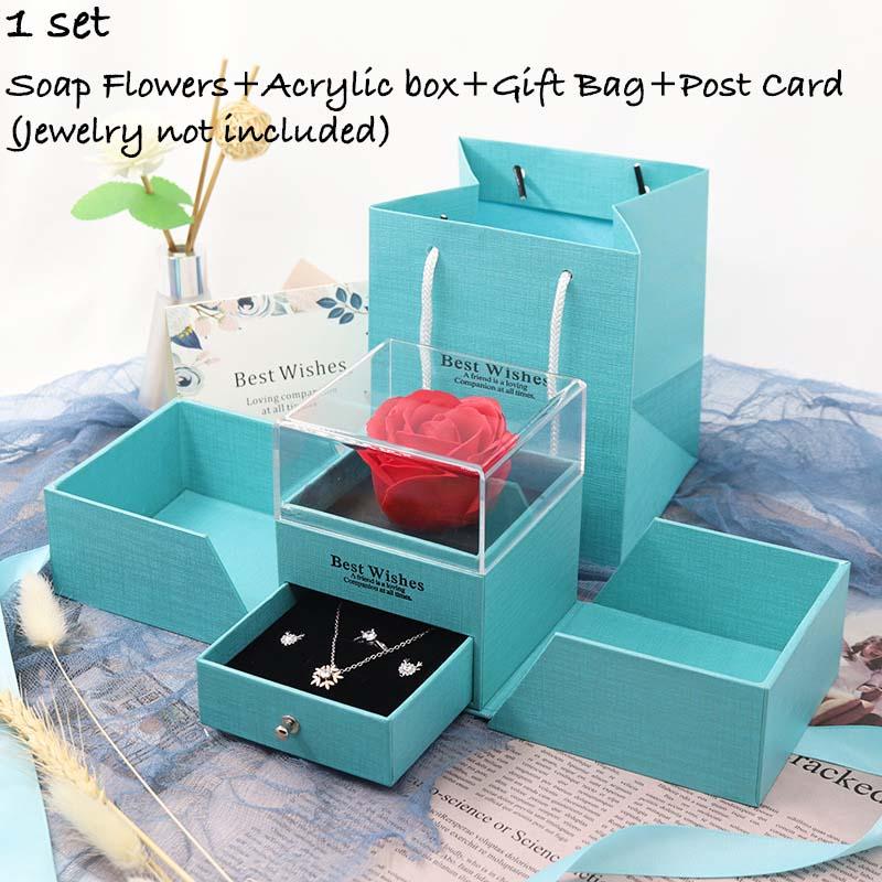 

Flower Soap Rose Jewelry Box Set Girl Women Earrings Necklace Lipstick Makeup Storage For Wedding Birthday Valentines Day Gift, Blue set