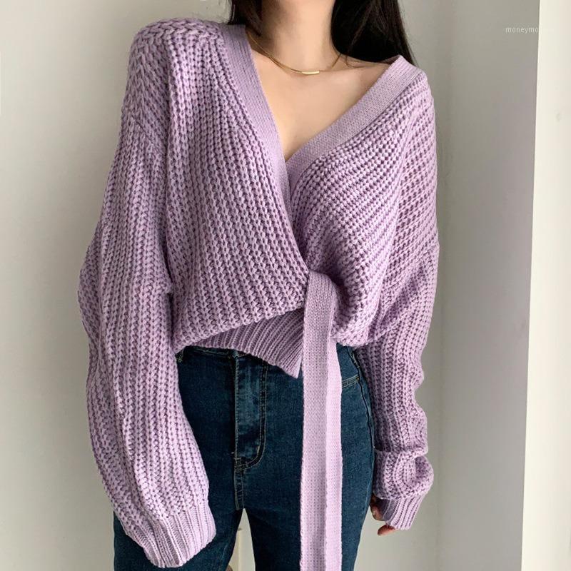 

European and American autumn gentle purple white V-neck design side lace waist thick needle knitted cardigan sweater women1, Black