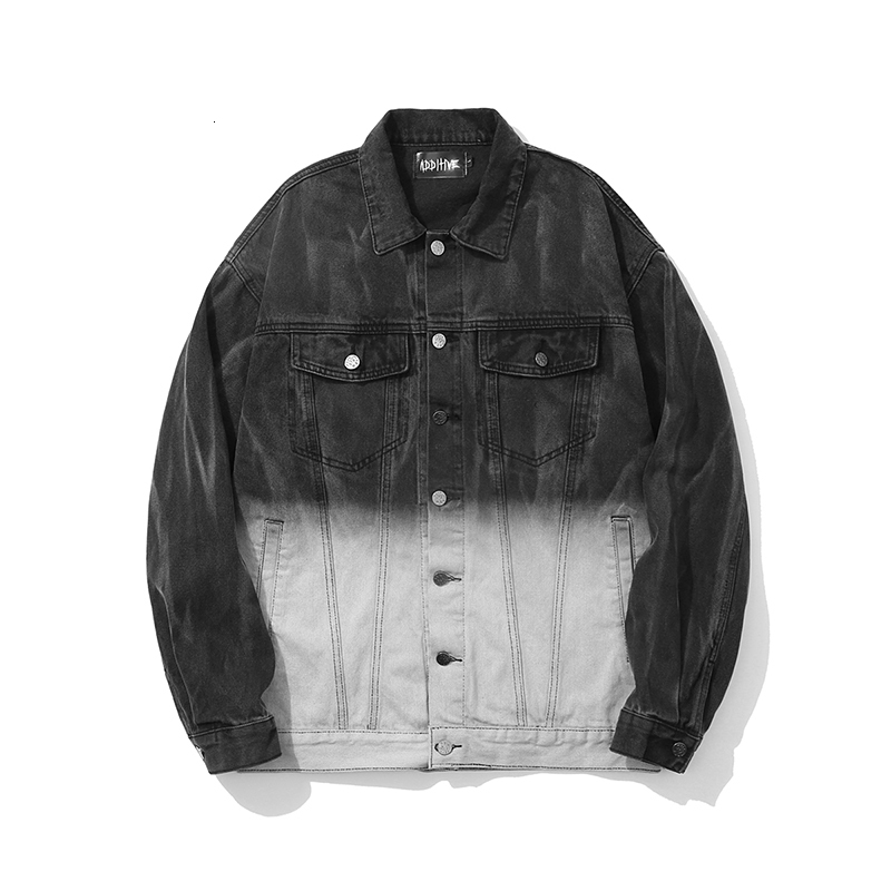 

2021 New Tie Dye Gradient Streetwear Denim Coat Mens Color Block Oversize Windbreaker Jeans Jacket Harajuku Loose Bomber Jackets Kzen, Black
