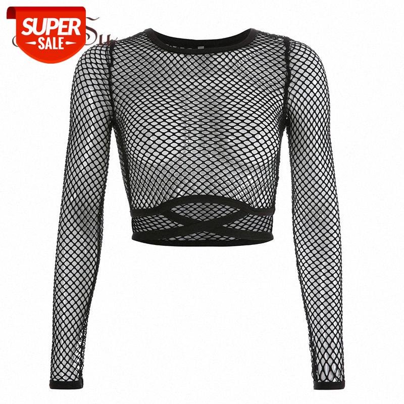 

ArtSu Hollow Out Mesh Top Transparent See Through Top Women Sexy Shirt Black Crop Long Sleeve T-shirt Women ASTS20634 #Lb55, White