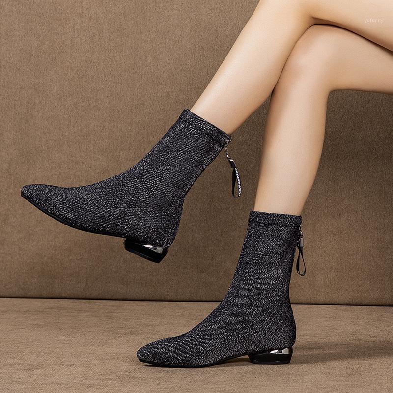

Women Sock Boots Elastic Fabric Velvet Warm Shoes Back Zip Low Heel Pointy Toe Stretch Lady Boots Black Green L911
