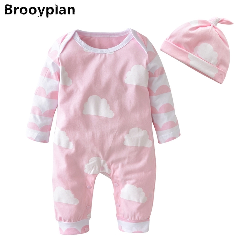 

New Autumn Newborn Baby Girl Clothes Baby Rompers Short-sleeved Cartoon Cute Pink Jumpsuit+Cap 2 Pcs/Suit Infant Clothing 201127
