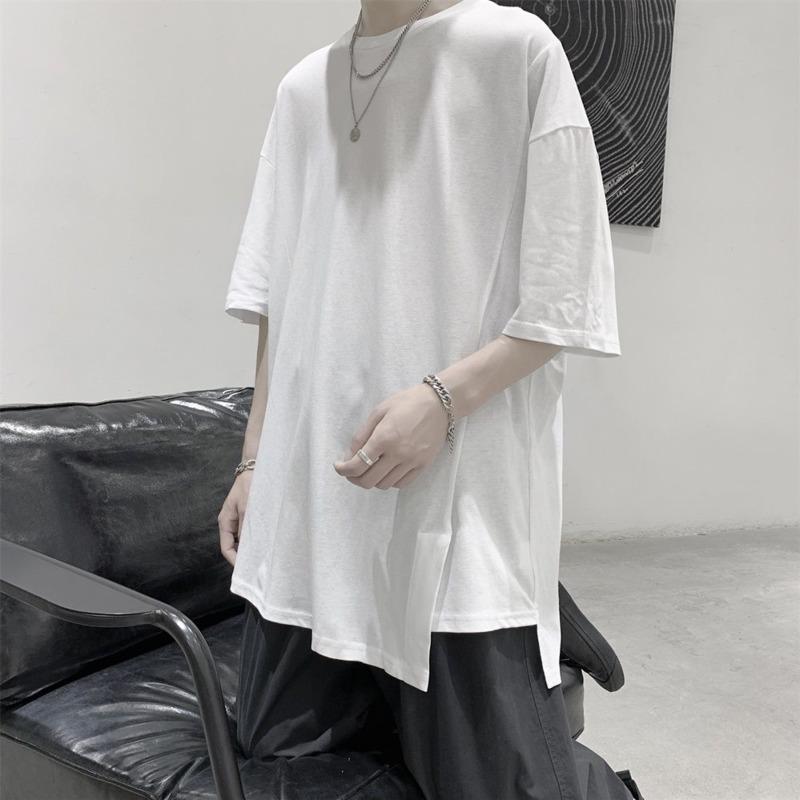 

Summer T Shirt Men's Fashion Solid Color Casual Cotton Short-sleeved T-shirt Men Streetwear Wild Loose Hip-hop Split Tshirt Mens, Black