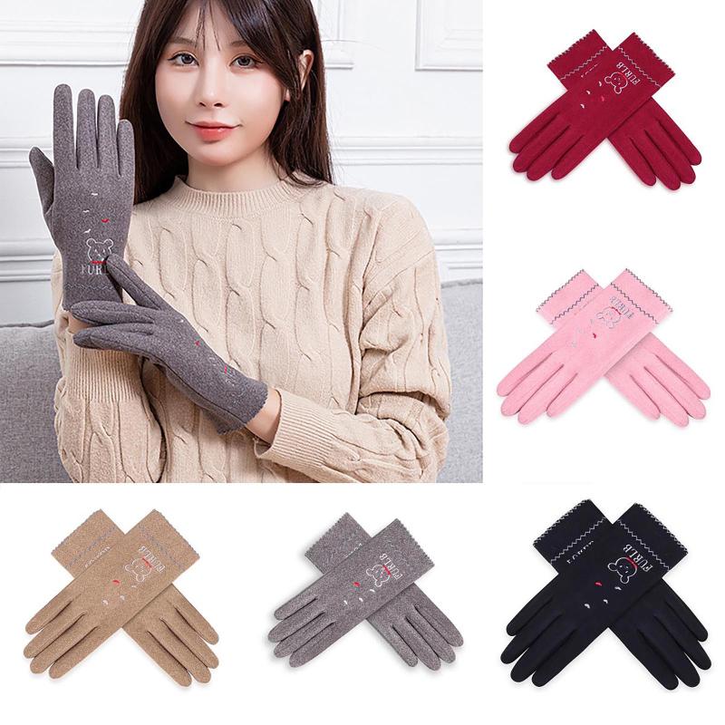 

Women Gloves Fashion Casual Solid Color Winter Warm Gloves Touch Screen Embroidery Mittens Women Outdoor Windproof Thicken
