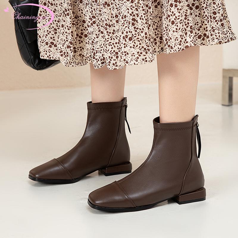 

Simple style comfortable round toe ankle boots fashion zipper beige brown black low heel chunky motorcycle boots women's shoes
