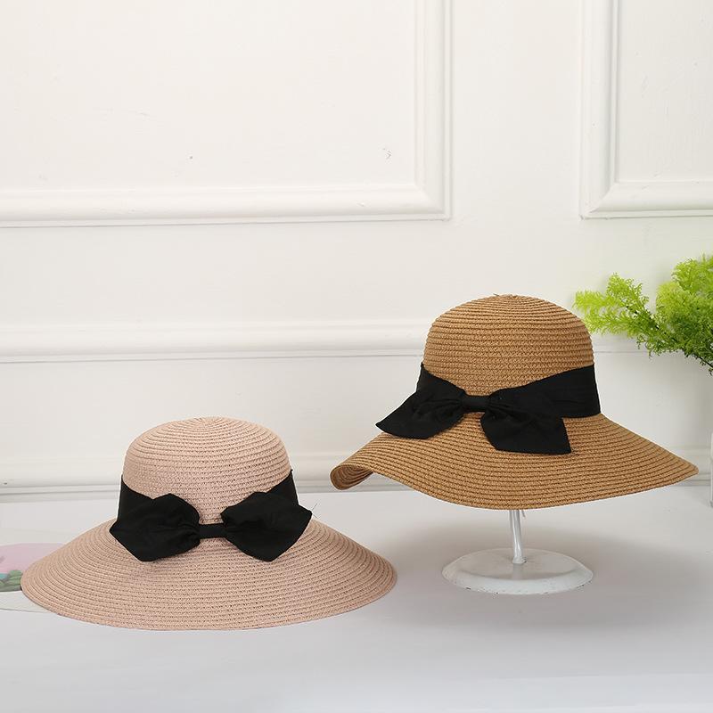

2020 new Summer Hats Sun Hat Big Black Bow Summer Hats For Women Foldable Straw Beach Panama Hat Visor Wide Brim Femme