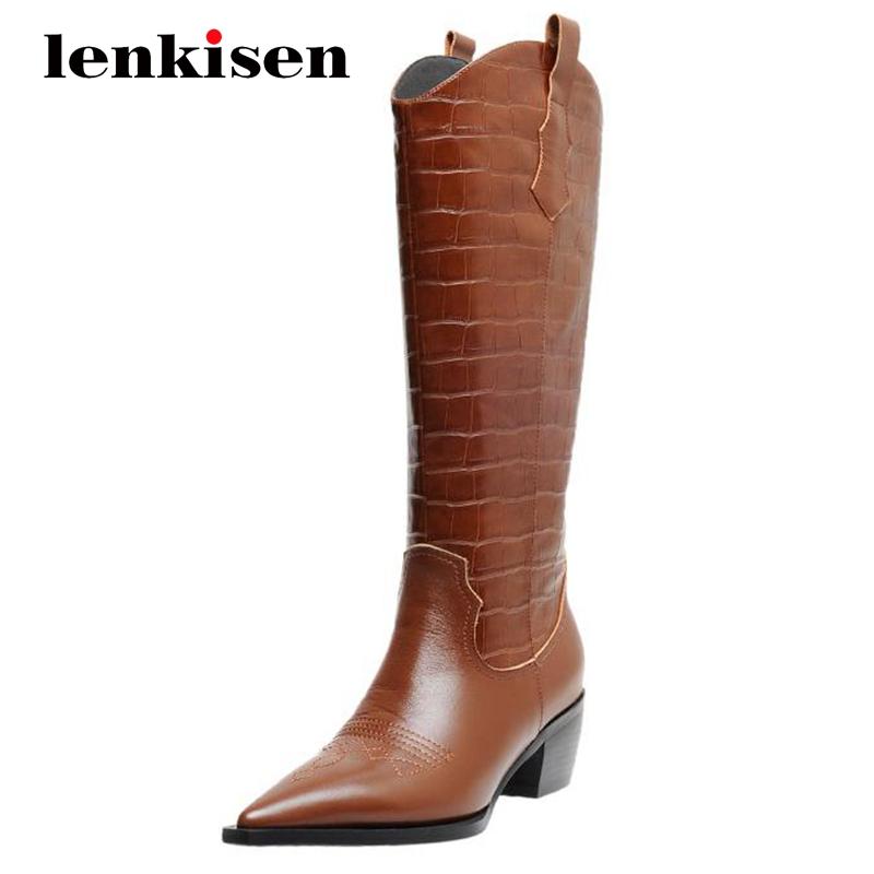 

Lenkisen equestrian boots genuine leather european design stone pattern pointed toe thick high heel slip on knee-high boots L81, Black
