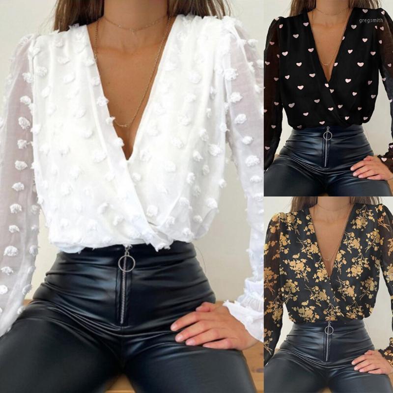 

Women' Blouses & Shirts Women Deep V Neck Top White Jacquard Fashion Shirt 2021 Female Long Sleeve Chic Sexy Polka Dot Solid Color Mesh Blo, Black 2