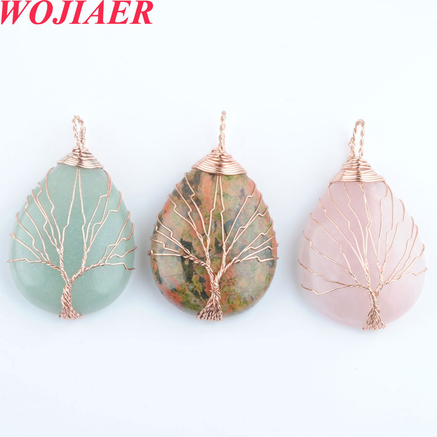 

WOJIAER 6pc Handmade Wrap Wire Tree of Life Necklace Pendant Water Drop Shape Natural Stone Rose Pink Quartz Crystal DBO901