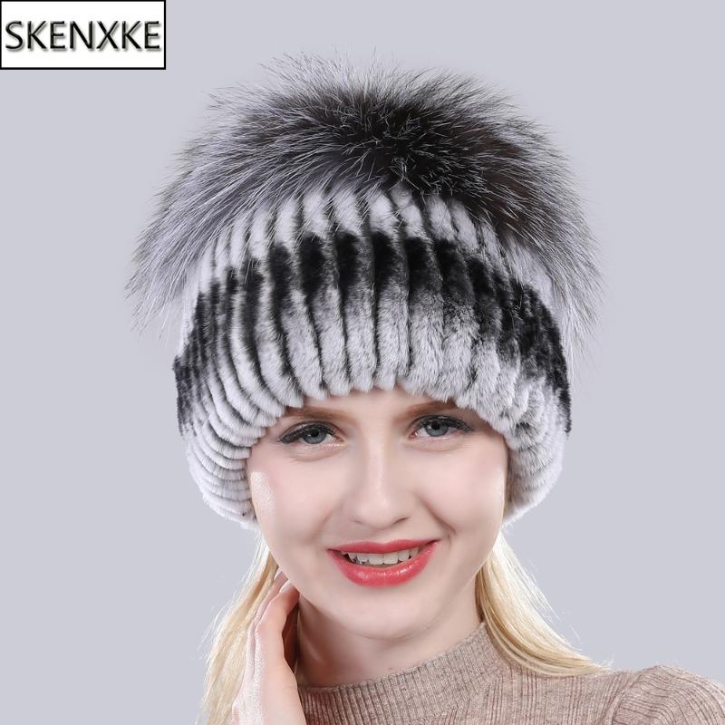 

New Fluffy Good Elastic 100% Natural Rex Fur Hat Women Winter Knitted Real Sliver Fur Cap Russian Lady Real Hats, White and black 1