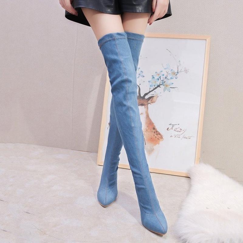 

Denim Over-the-knee Boots With Pointed Toes And Side Zippers To Slim Stretch Boots For Women High Heel Shoes S082, 01