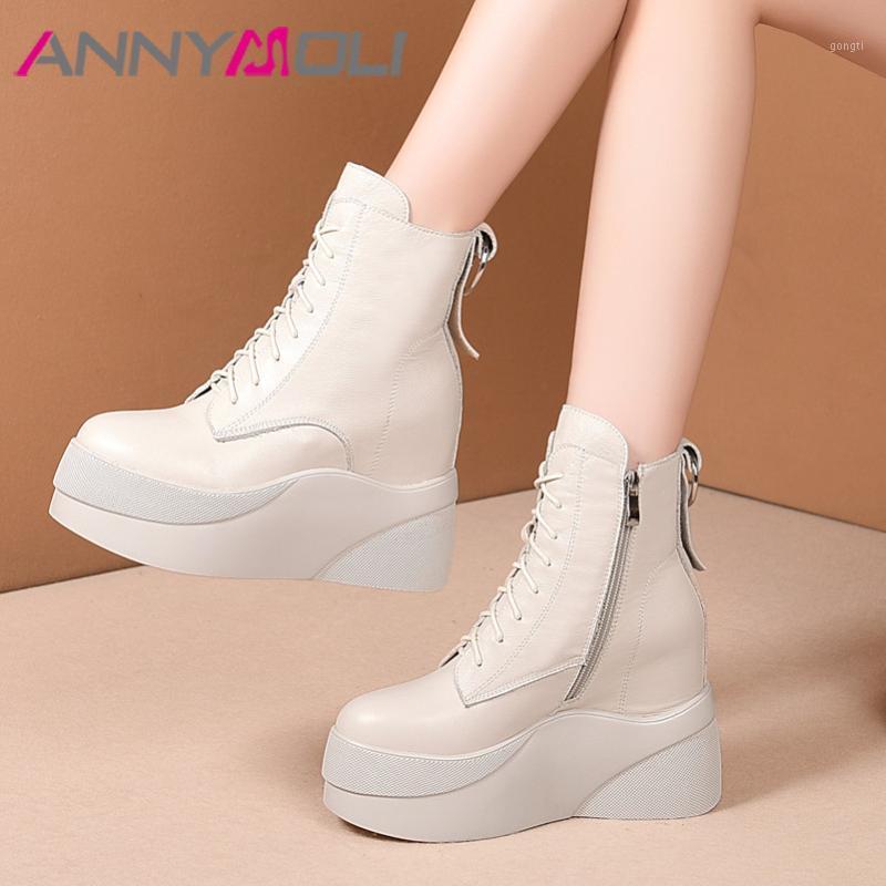 

ANNYMOLI Genuine Leather Platform High Heel Short Boots Women Shoes Zipper Cross Tied Wedge Heels Ankle Boots Autumn Winter 401, Black synthetic lin