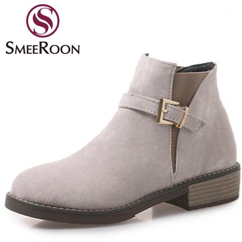 

Smeeroon hot sale platform buckle flock boots for women round toe warm winter boots casual med heels ankle campus shoes1, Black