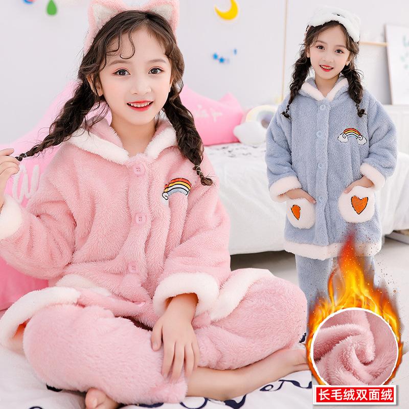 

Korean version of girl cartoon pajamas suit autumn winter warm and cold 3-6 year old children winter suit, Blue