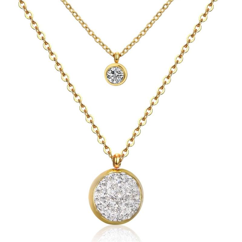 

LUXUKISSKIDS New Arrival Jewelry Necklace Romantic Crystal Pendant Necklace CZ Double Chain Gold/ Steel Color