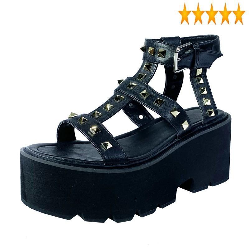 

Women Rivets Open Toe Platform 8 CM High Heel Summer Shoes Rome Style Ankle Strap Narrow Band Black Wedges Sandals