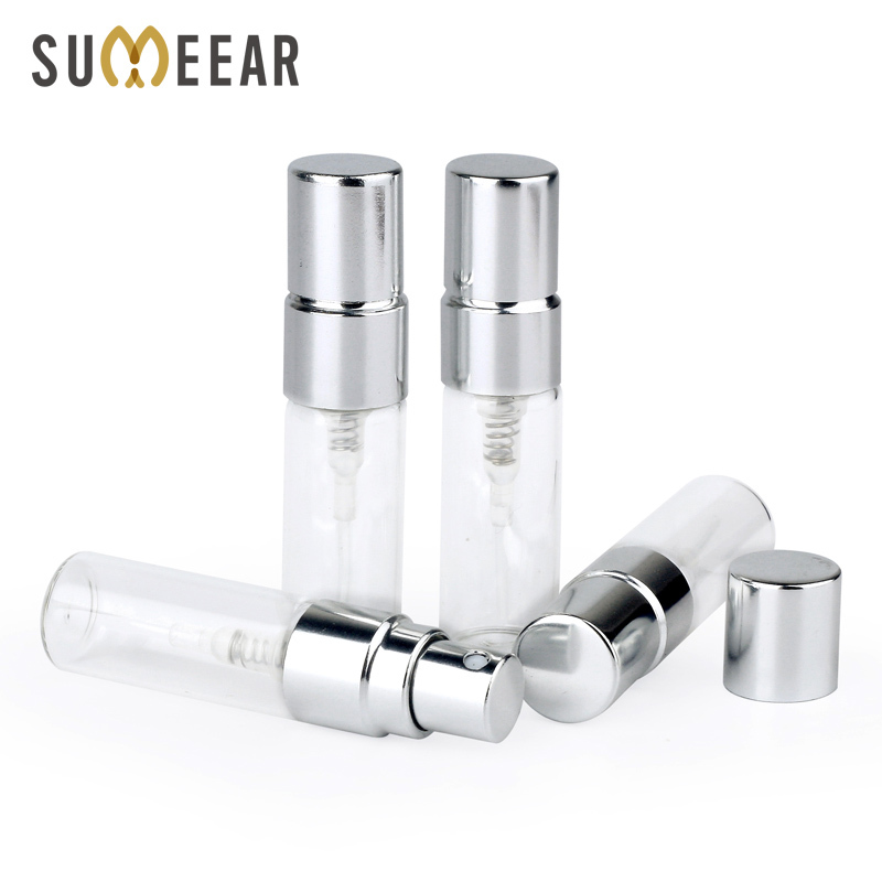 

100PC/Lot 3ml Portable Sample Spray Bottle Transparet Glass Perfume Bottle Atomizer Silver Metal Pump Travel Bottle Container 201013