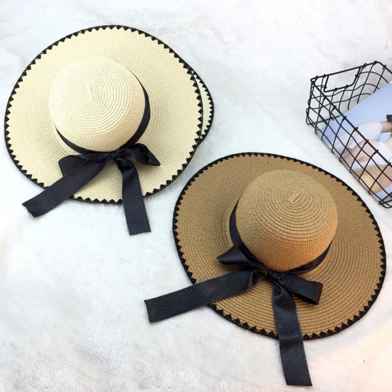 

2020 new summer sun hat ladies fashion beach sun hat simple and elegant dome warp straw bow various colors1, White