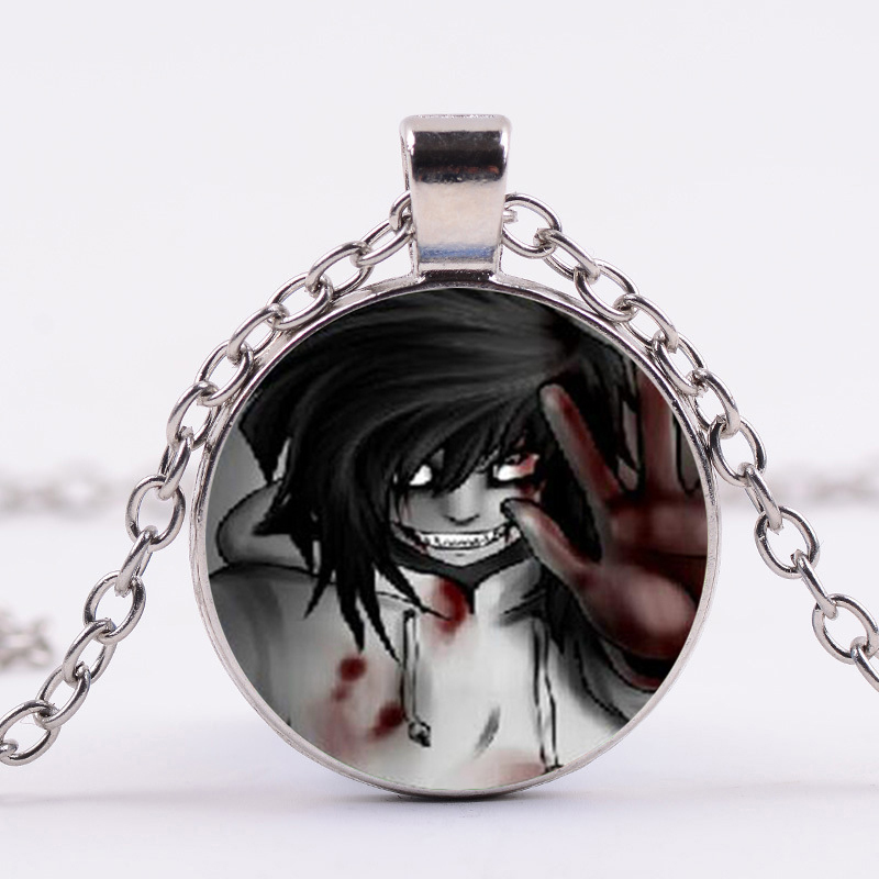 

Hot Sale Creepypasta Necklace Jeff the Killer Horror Anime Patterns Glass Dome Pendant Long Necklace Fans Gothic Jewelry